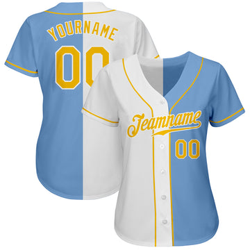 Custom Light Blue Gold-White Authentic Split Fashion Baseball Jersey