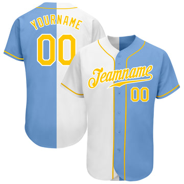 Custom Light Blue Gold-White Authentic Split Fashion Baseball Jersey