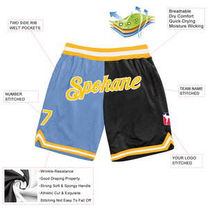 Custom Light Blue Gold-Black Authentic Throwback Split Fashion Basketball Shorts