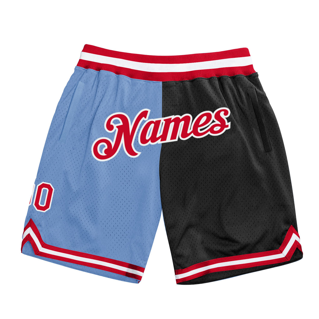 Custom Light Blue Red-Black Authentic Throwback Split Fashion Basketball Shorts