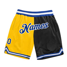 Load image into Gallery viewer, Custom Gold Royal-Black Authentic Throwback Split Fashion Basketball Shorts
