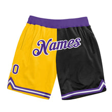 Load image into Gallery viewer, Custom Gold Purple-Black Authentic Throwback Split Fashion Basketball Shorts
