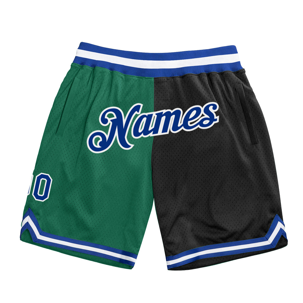 Custom Kelly Green Royal-Black Authentic Throwback Split Fashion Basketball Shorts