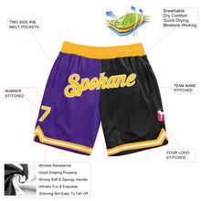 Load image into Gallery viewer, Custom Purple Gold-Black Authentic Throwback Split Fashion Basketball Shorts
