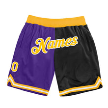 Load image into Gallery viewer, Custom Purple Gold-Black Authentic Throwback Split Fashion Basketball Shorts
