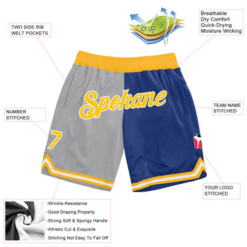 Custom Gray Gold-Royal Authentic Throwback Split Fashion Basketball Shorts