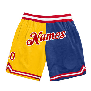 Custom Gold Red-Royal Authentic Throwback Split Fashion Basketball Shorts