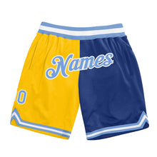 Load image into Gallery viewer, Custom Gold Light Blue-Royal Authentic Throwback Split Fashion Basketball Shorts
