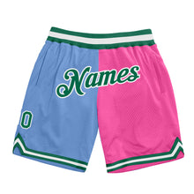 Load image into Gallery viewer, Custom Light Blue Kelly Green-Pink Authentic Throwback Split Fashion Basketball Shorts
