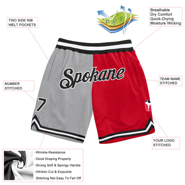 Cheap Custom Gray Black-Red Authentic Throwback Basketball Shorts