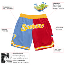 Laden Sie das Bild in den Galerie-Viewer, Custom Light Blue Gold-Red Authentic Throwback Split Fashion Basketball Shorts
