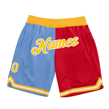 Laden Sie das Bild in den Galerie-Viewer, Custom Light Blue Gold-Red Authentic Throwback Split Fashion Basketball Shorts
