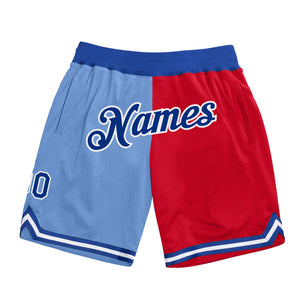 Custom Light Blue Royal-Red Authentic Throwback Split Fashion Basketball Shorts