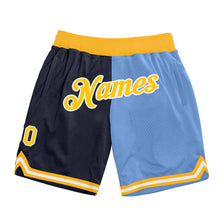 Загрузить изображение в средство просмотра галереи, Custom Navy Gold-Light Blue Authentic Throwback Split Fashion Basketball Shorts
