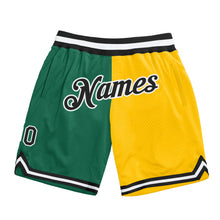 Laden Sie das Bild in den Galerie-Viewer, Custom Kelly Green Black-Gold Authentic Throwback Split Fashion Basketball Shorts
