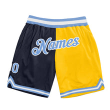 Laden Sie das Bild in den Galerie-Viewer, Custom Navy Light Blue-Gold Authentic Throwback Split Fashion Basketball Shorts
