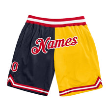 Load image into Gallery viewer, Custom Navy Red-Gold Authentic Throwback Split Fashion Basketball Shorts
