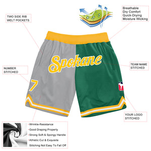 Custom Gray Gold-Kelly Green Authentic Throwback Split Fashion Basketball Shorts