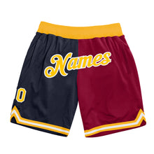 Загрузить изображение в средство просмотра галереи, Custom Navy Gold-Maroon Authentic Throwback Split Fashion Basketball Shorts
