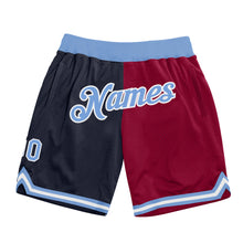 Laden Sie das Bild in den Galerie-Viewer, Custom Navy Light Blue-Maroon Authentic Throwback Split Fashion Basketball Shorts
