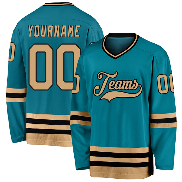 Custom Teal Black-Old Gold Hockey Jersey Discount