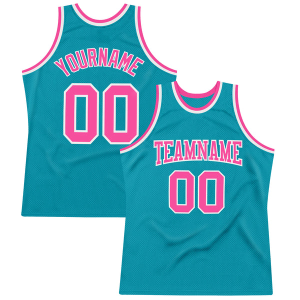 Cheap Custom Teal Pink-White Authentic Throwback Basketball Jersey