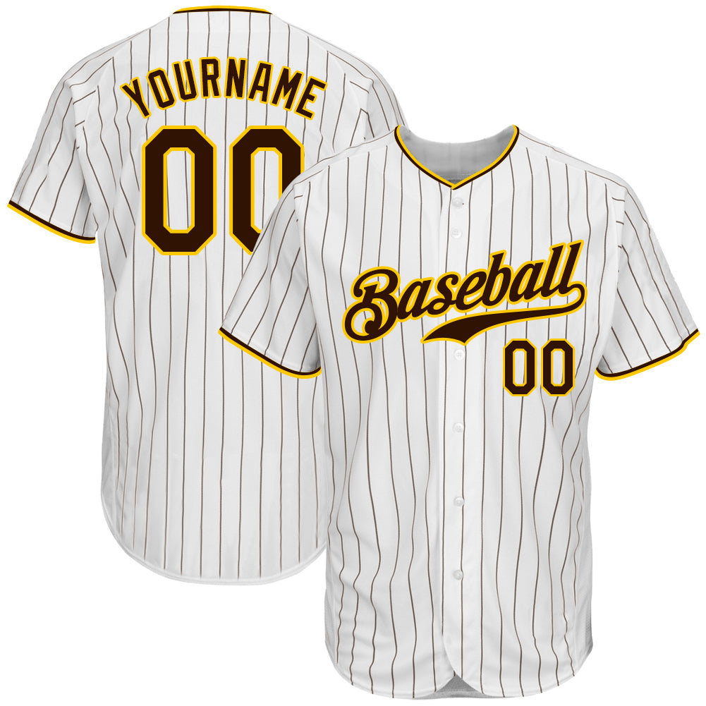 Custom Gold Brown Pinstripe Brown-White Authentic Baseball Jersey