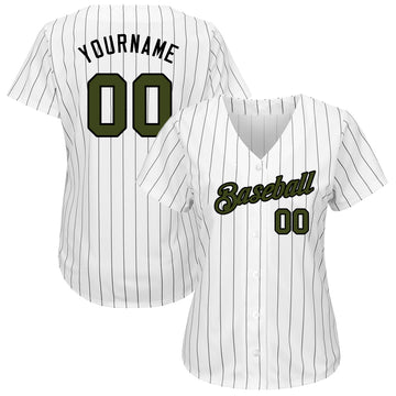 Custom White Black Pinstripe Olive-Black Authentic Memorial Day Baseball Jersey