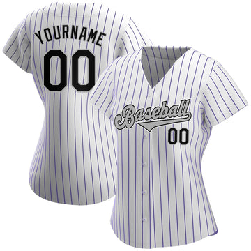 Custom White Purple Pinstripe Black-Gray Authentic Baseball Jersey