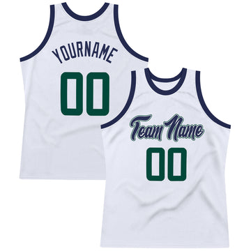 Custom White Hunter Green-Navy Authentic Throwback Basketball Jersey