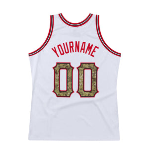 Custom White Camo-Red Authentic Throwback Basketball Jersey