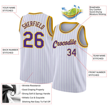 Custom White Purple Pinstripe Purple-Gold Authentic Basketball Jersey