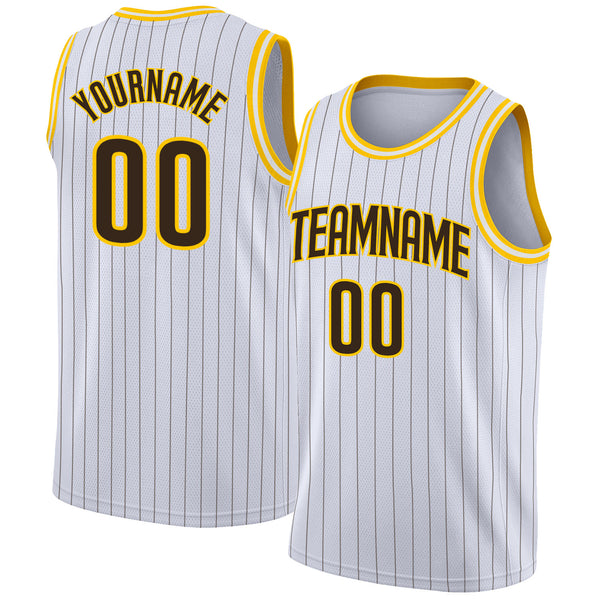 Custom Brown White Pinstripe Gold Authentic Basketball Jersey