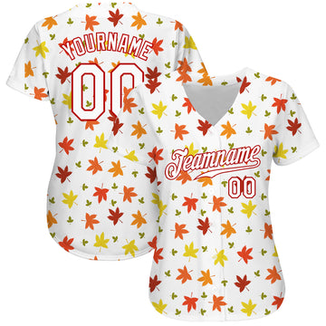 Custom White White-Red 3D Pattern Design Autumn Leaves Authentic Baseball Jersey