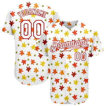 Custom White White-Red 3D Pattern Design Autumn Leaves Authentic Baseball Jersey