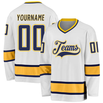 Custom White Navy-Gold Hockey Jersey