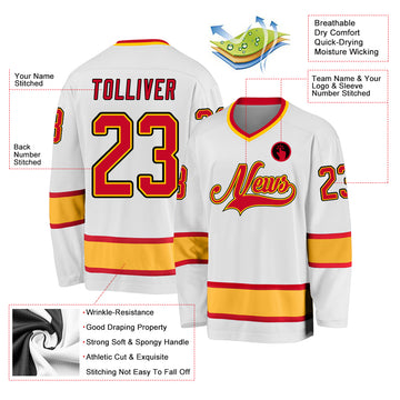 Custom White Red-Gold Hockey Jersey