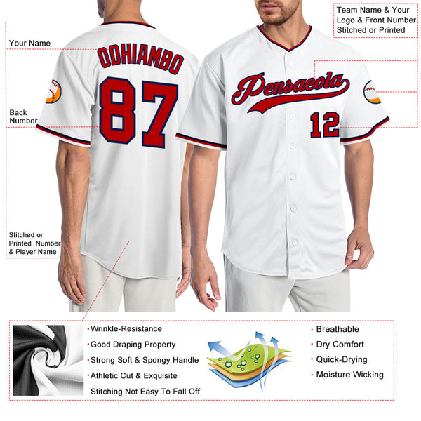 Custom White Red-Navy Baseball Jersey