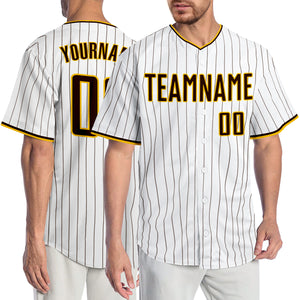 Custom White Brown Pinstripe Brown-Gold Authentic Baseball Jersey