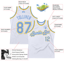 Laden Sie das Bild in den Galerie-Viewer, Custom White Light Blue-Gold Authentic Throwback Basketball Jersey
