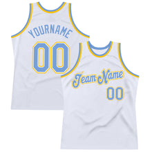 Laden Sie das Bild in den Galerie-Viewer, Custom White Light Blue-Gold Authentic Throwback Basketball Jersey
