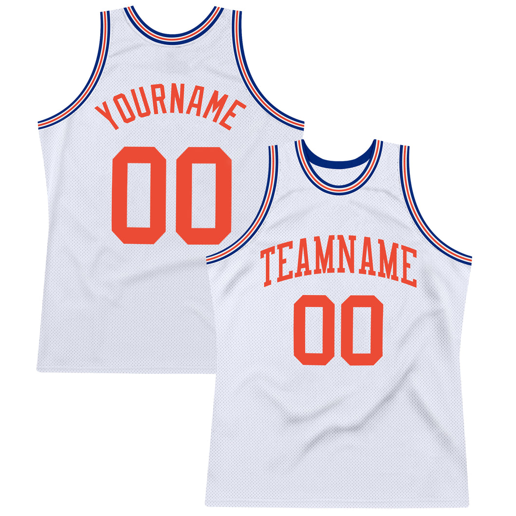 Custom White Orange-Royal Authentic Throwback Basketball Jersey