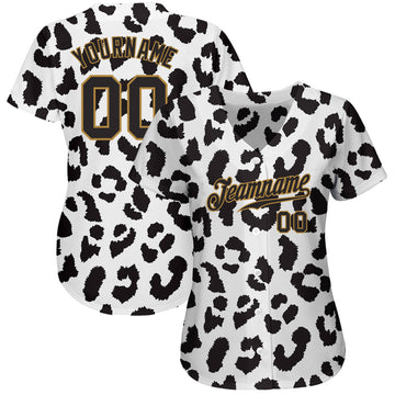 Custom White Black-Old Gold 3D Pattern Design Leopard Authentic Baseball Jersey