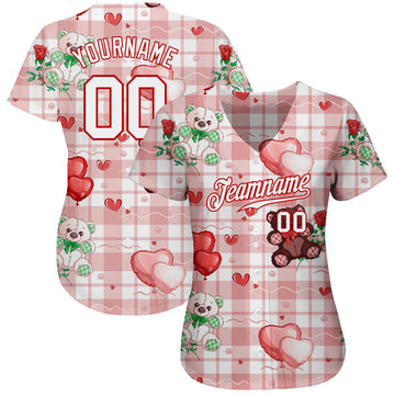 Custom White White-Red 3D Pattern Design Teddy Bears Authentic Baseball Jersey