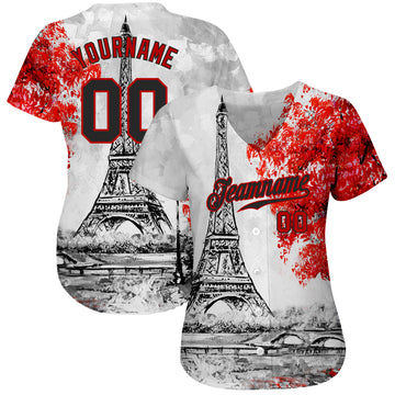 Custom White Black-Red 3D Pattern Design Eiffel Tower Authentic Baseball Jersey