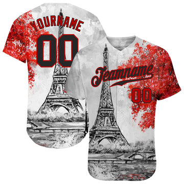 Custom White Black-Red 3D Pattern Design Eiffel Tower Authentic Baseball Jersey