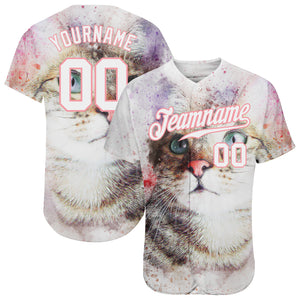 Custom White White-Medium Pink 3D Pattern Design Cat Authentic Baseball Jersey