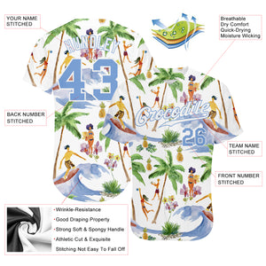 Custom White Light Blue-White 3D Pattern Design Hawaii Palm Trees Authentic Baseball Jersey