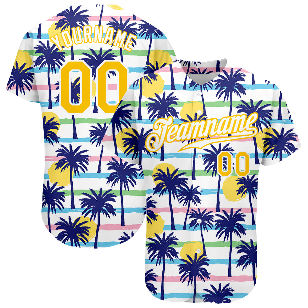 Custom White Gold-White 3D Pattern Design Hawaii Palm Trees Authentic Baseball Jersey