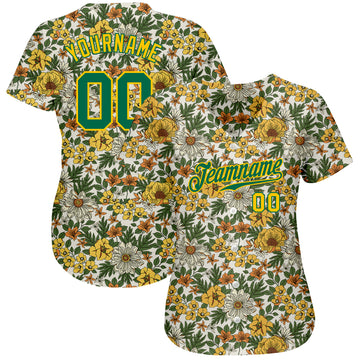 Custom White Kelly Green-Gold 3D Pattern Design Flowers Authentic Baseball Jersey